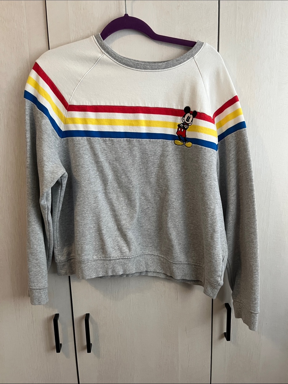 Disney Women's Grey Sweatshirt with Red, Yellow & Blue Stripe and Mickey